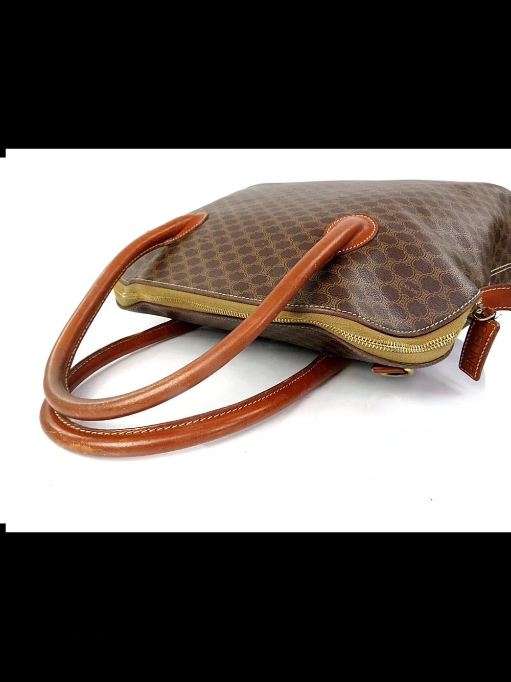 Celine Brown Patterned Dome Satchel with Tan Leather Handles